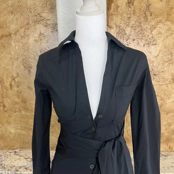 Veronica Beard Janelle Shirt Dress Size 00 Black Long Sleeve Tie Waist Midi - Picture 3 of 11